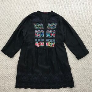 Johnny Was Black Embroidered Tunic Top Boho Floral Eyelet Blouse Small